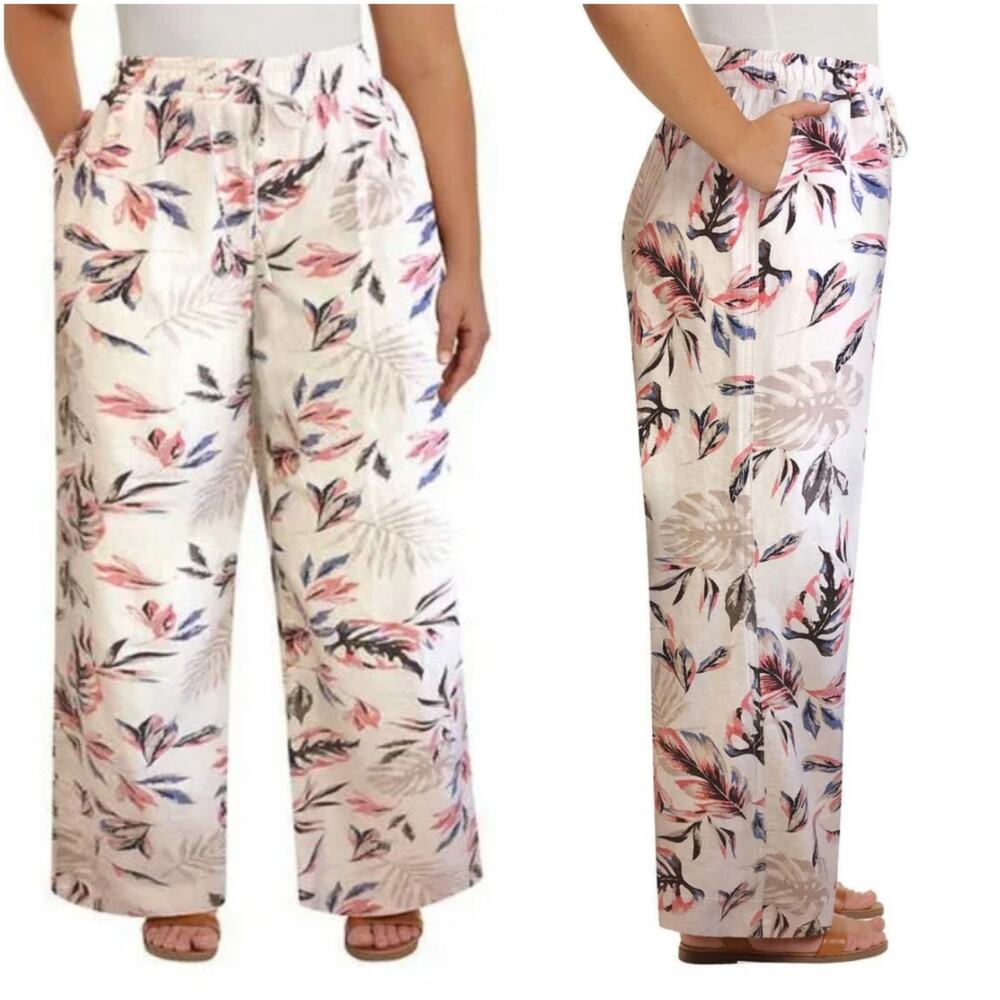 Briggs Linen Tropical Wide Legged Pant Sz L Beach Boho Coastal Resort Vacation